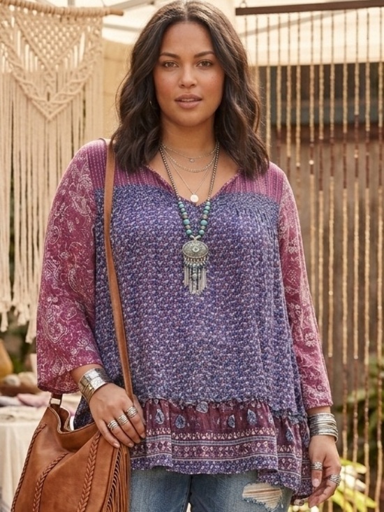 Lucky Brand Tops - Lucky Brand Purple Navy Floral Mixed-Print Boho V-Neck Tunic Top 2XL